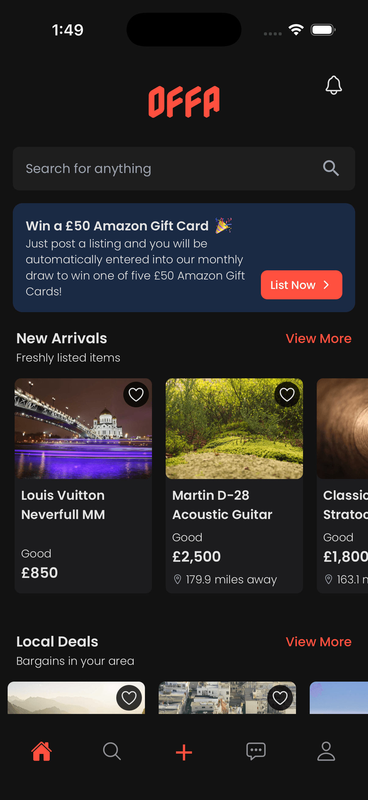 Offa app dashboard screen dark
